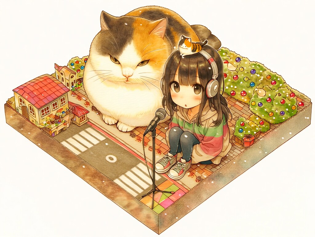 christmas, festive lights, isometric cutaway view, in street, calico cat（niji7）（３）