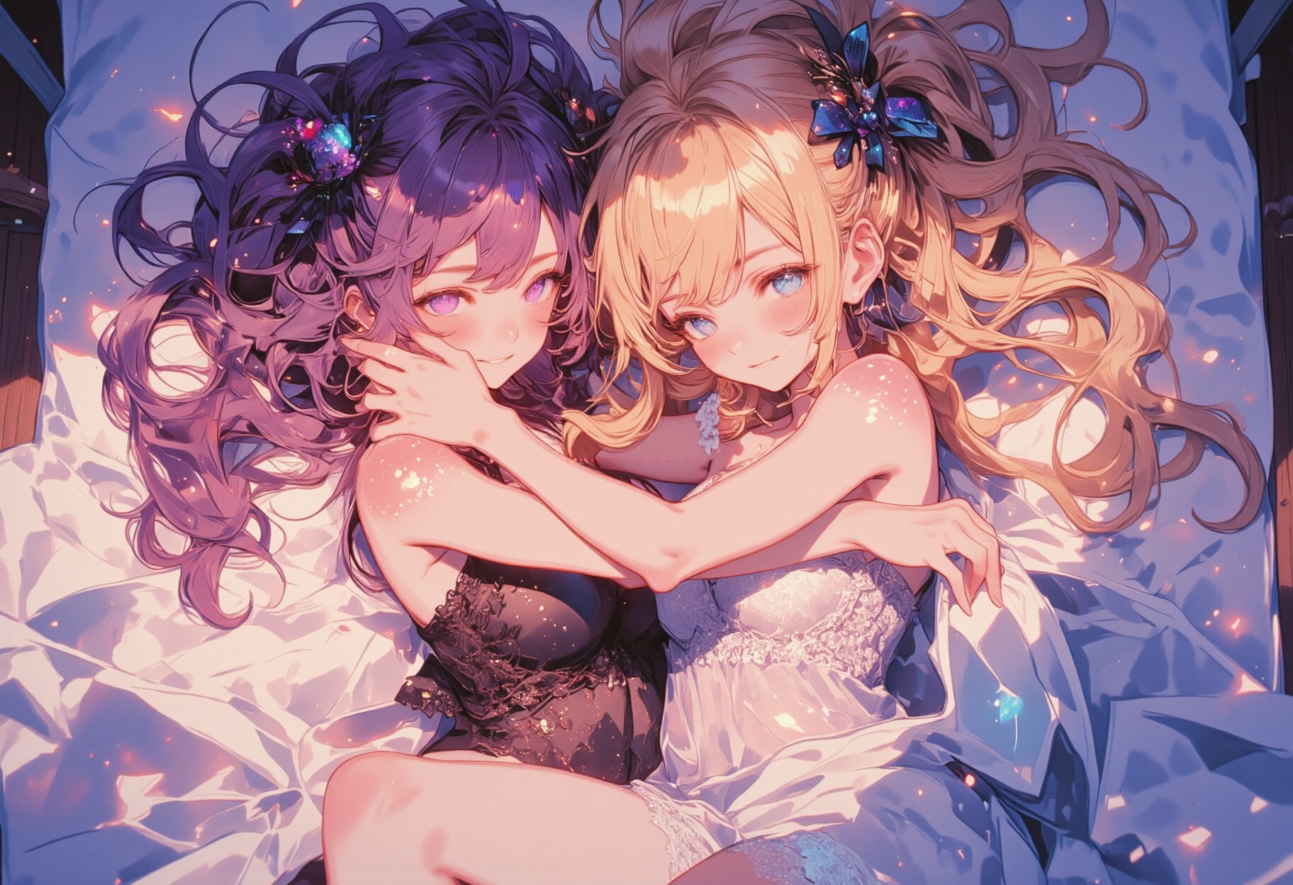 ベッドで下着の二人
