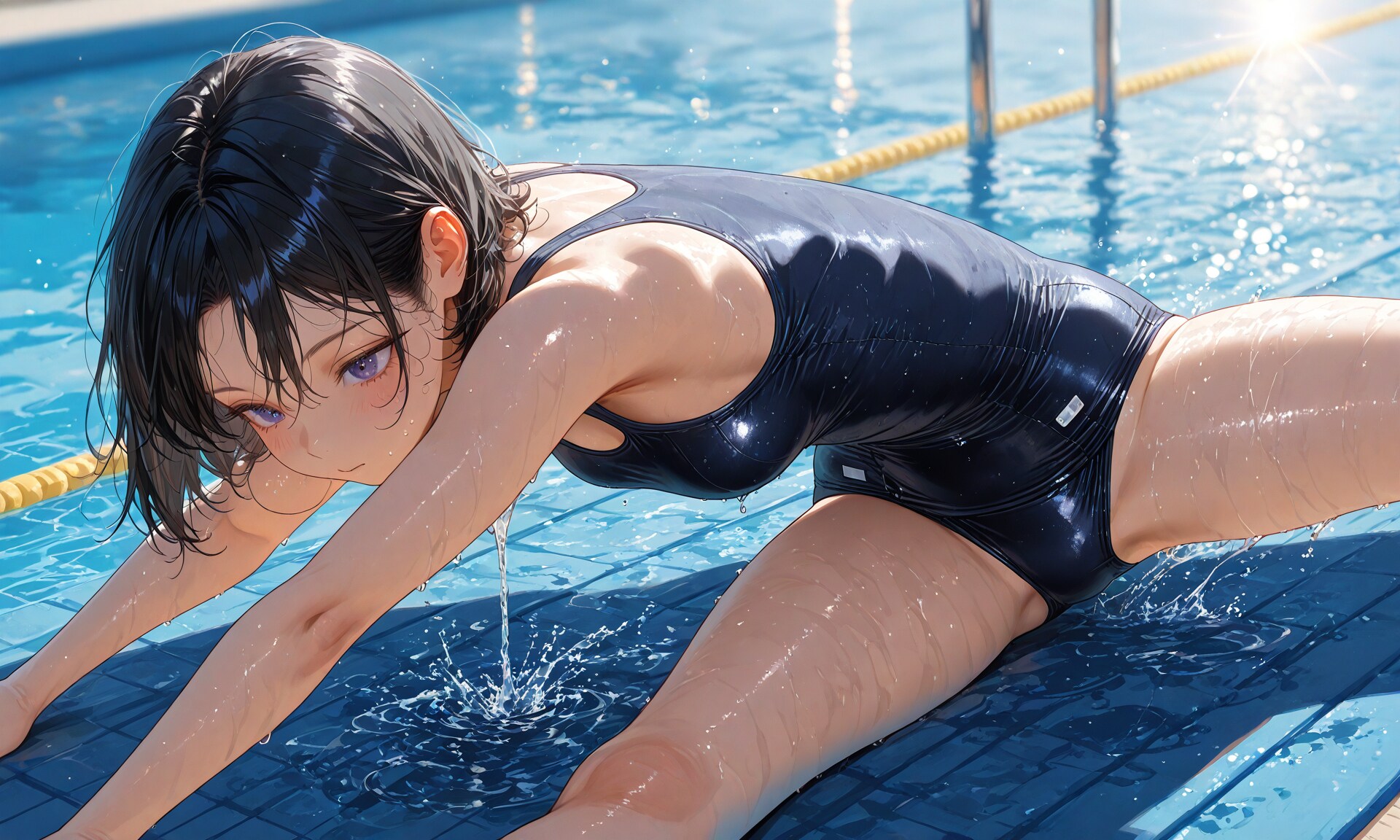 Stretching exercises in school swimsuits