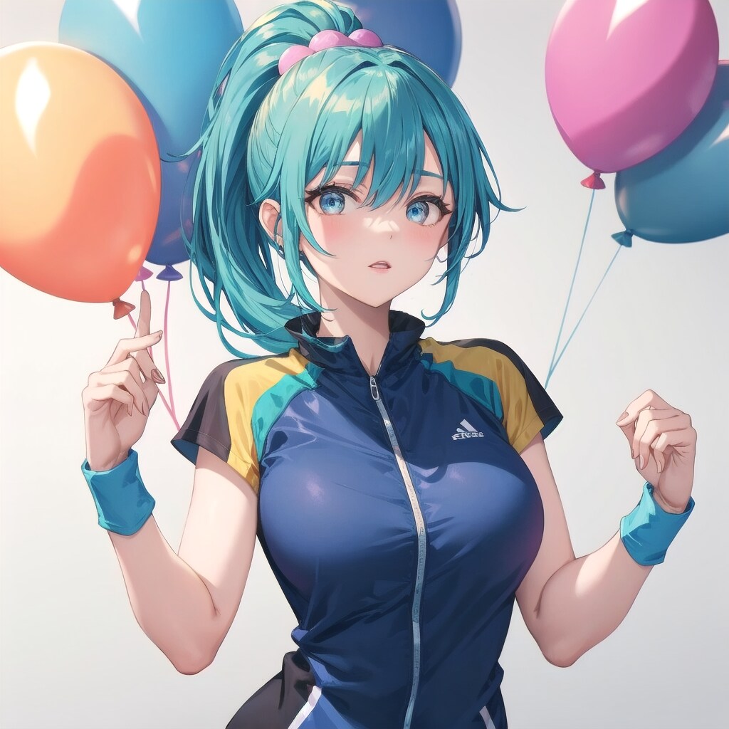 いっぱい色とりどりの風船を持つ青い髪ポニーテールのテニスウェア着た美女