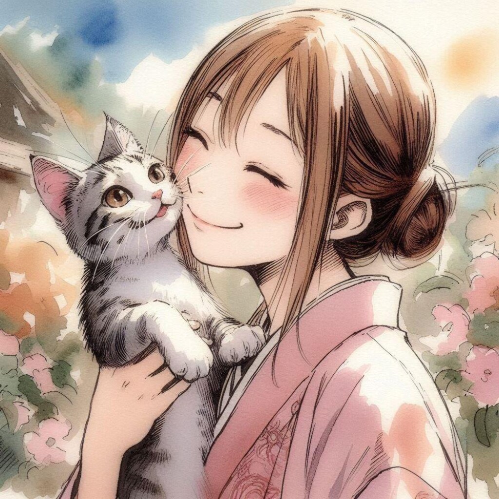 水墨画アニメ風、ほっぺにキス猫＆猫娘