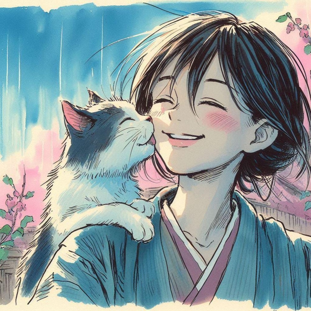 水墨画アニメ風、ほっぺにキス猫＆猫娘