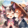 水墨画アニメ風、ほっぺにキス猫＆猫娘 2枚目