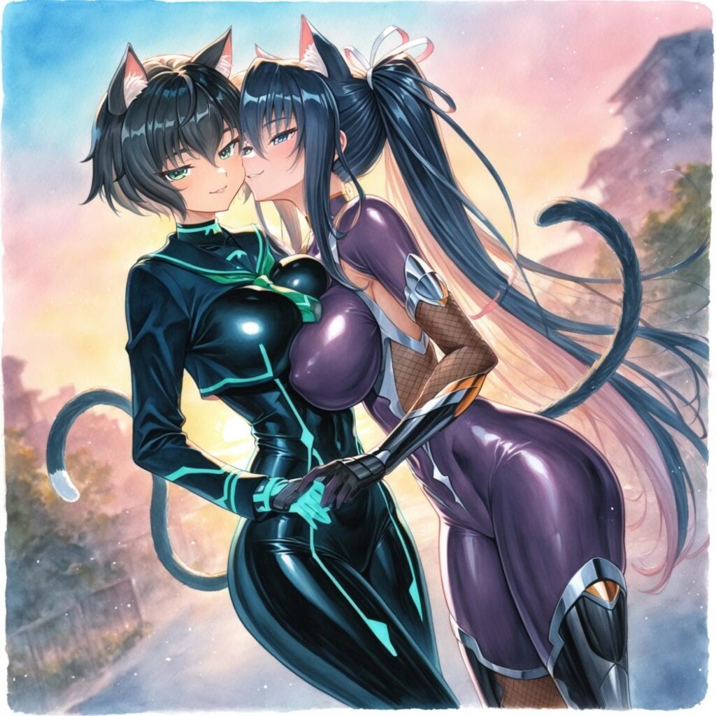 水墨画アニメ風、ほっぺにキス猫＆猫娘