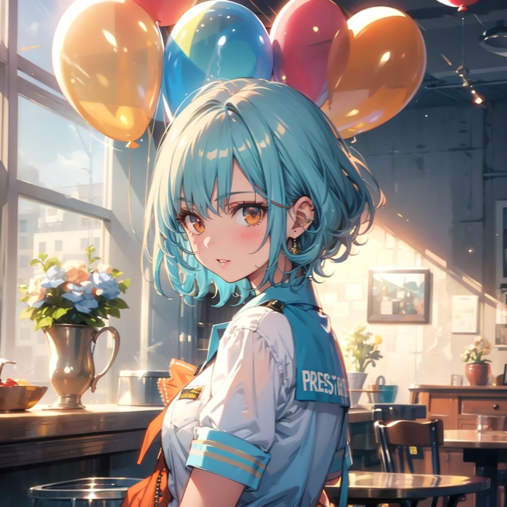 色とりどりの風船を持つ青い髪ショートカットのレストランの制服着た美女 | の人気AIイラスト・グラビア