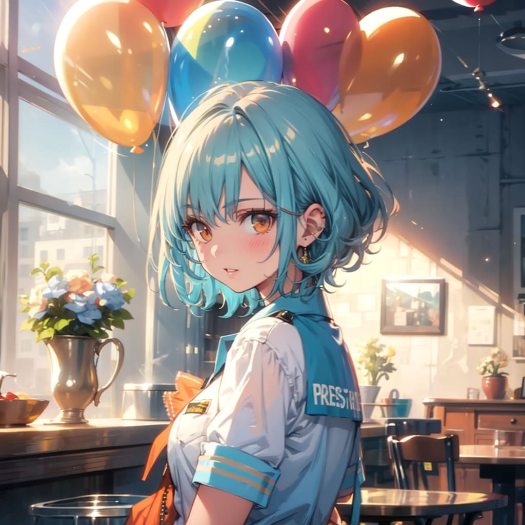 色とりどりの風船を持つ青い髪ショートカットのレストランの制服着た美女