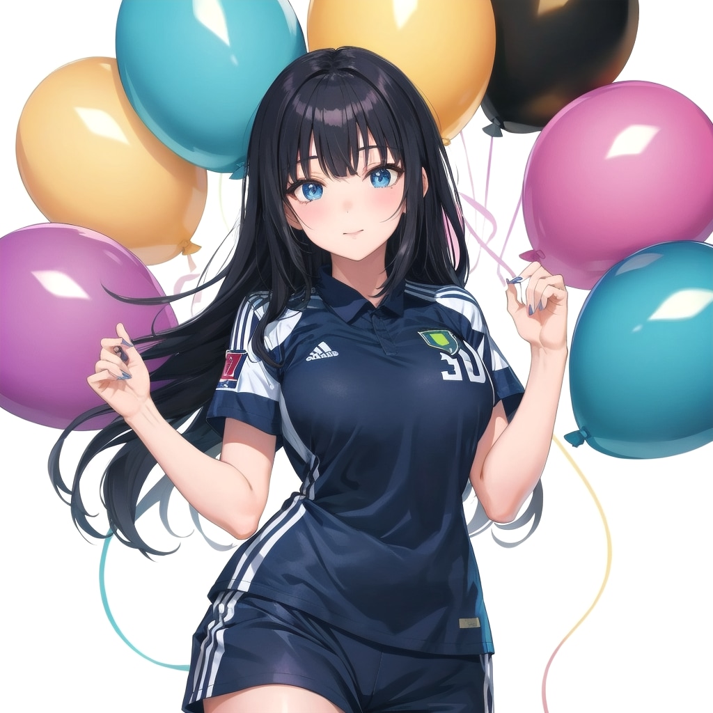 いっぱい色とりどりの風船を持つ黒髪ロングのサッカーユニフォーム着た美女