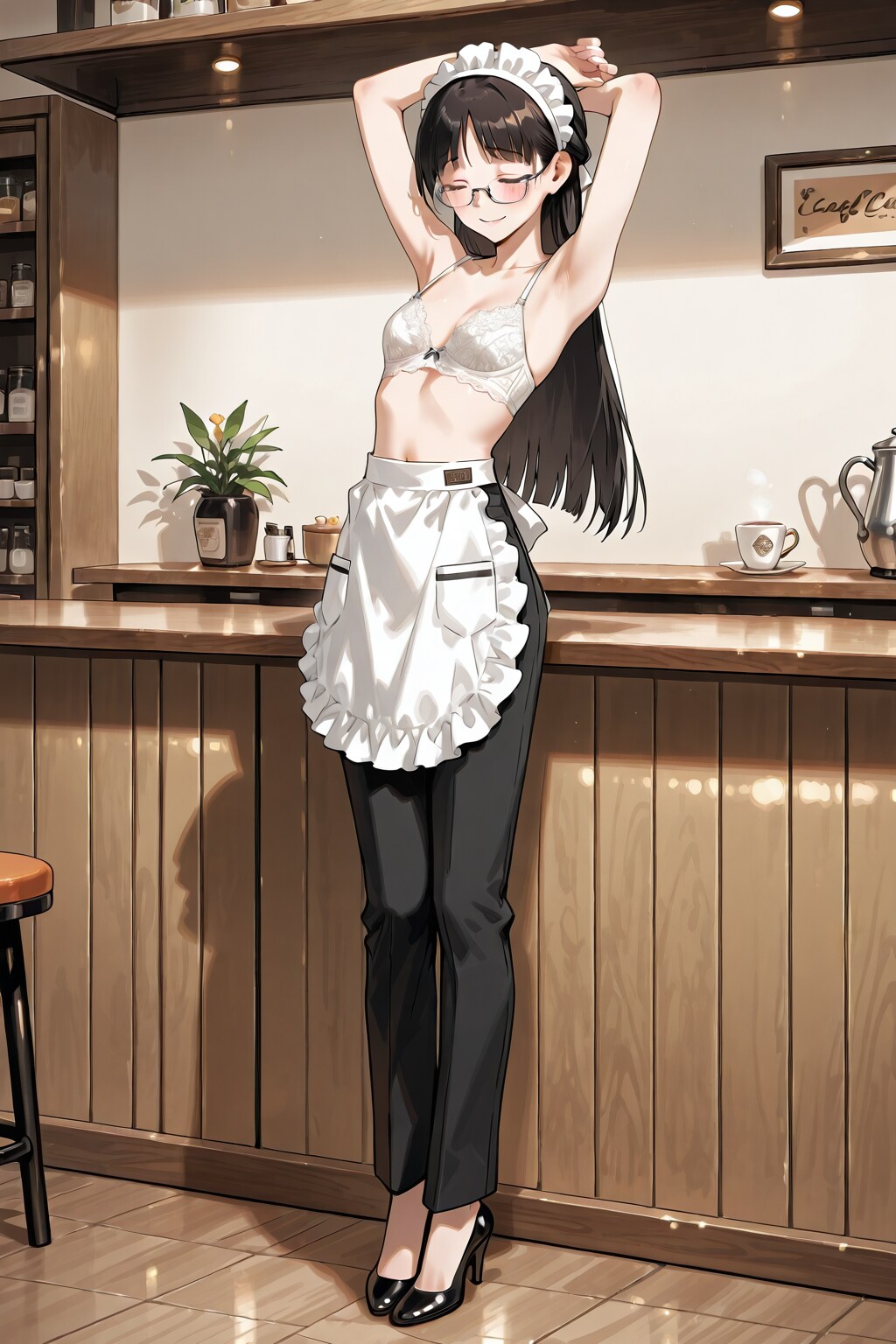 ブラ姿のカフェウェイトレス