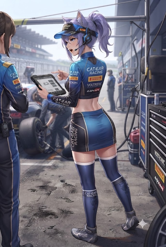 ピットで打合せするレースアンバサダーのシス