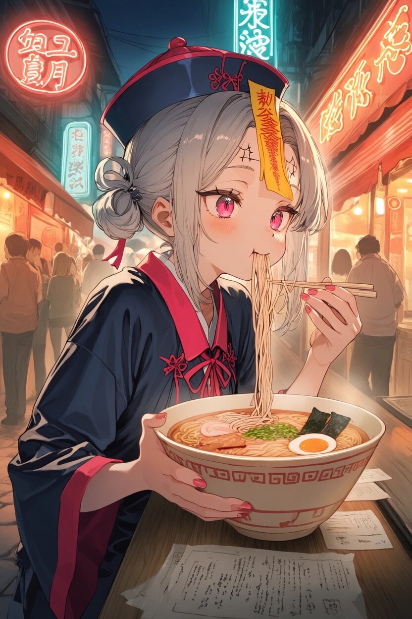 ラーメンを食べているキョンシーさん