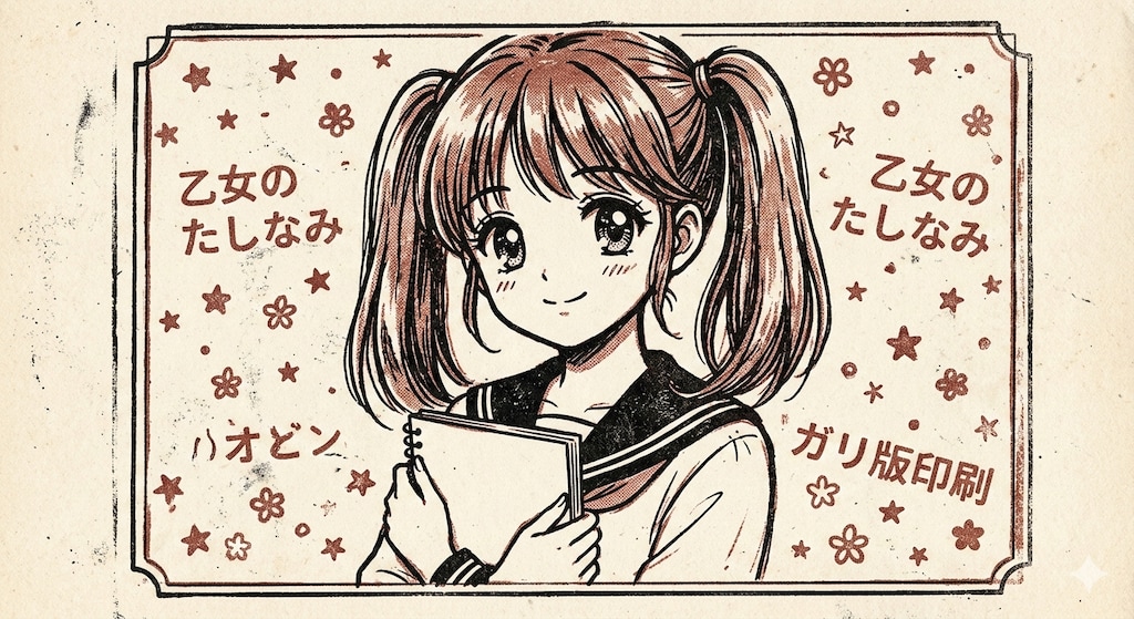 ガーリー版（ガリ版・謄写版）印刷されたガーリーな少女