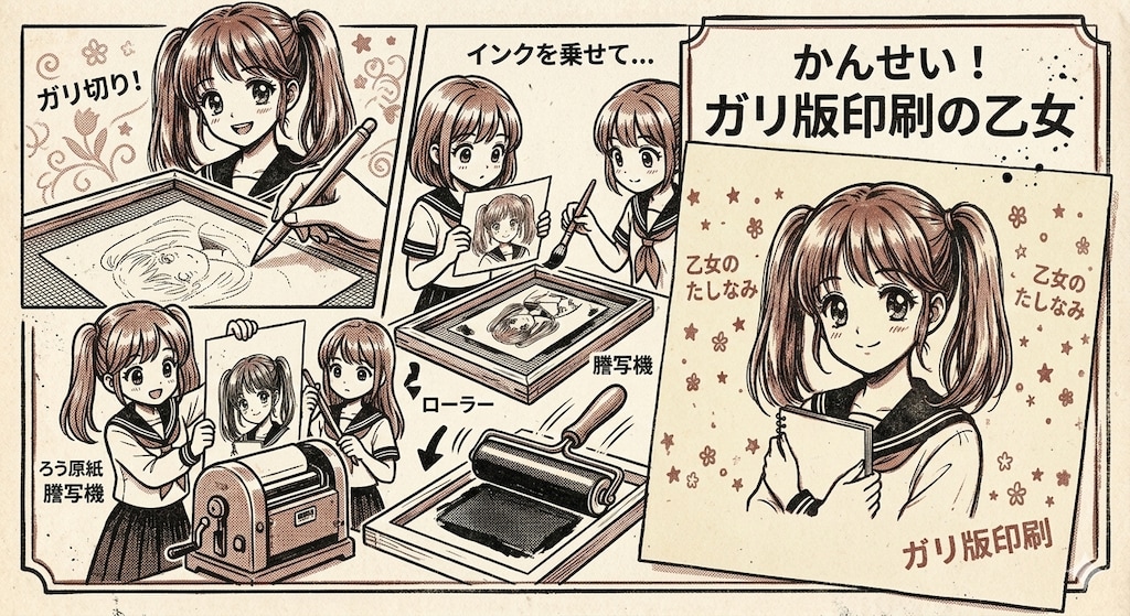 ガーリー版（ガリ版・謄写版）印刷されたガーリーな少女