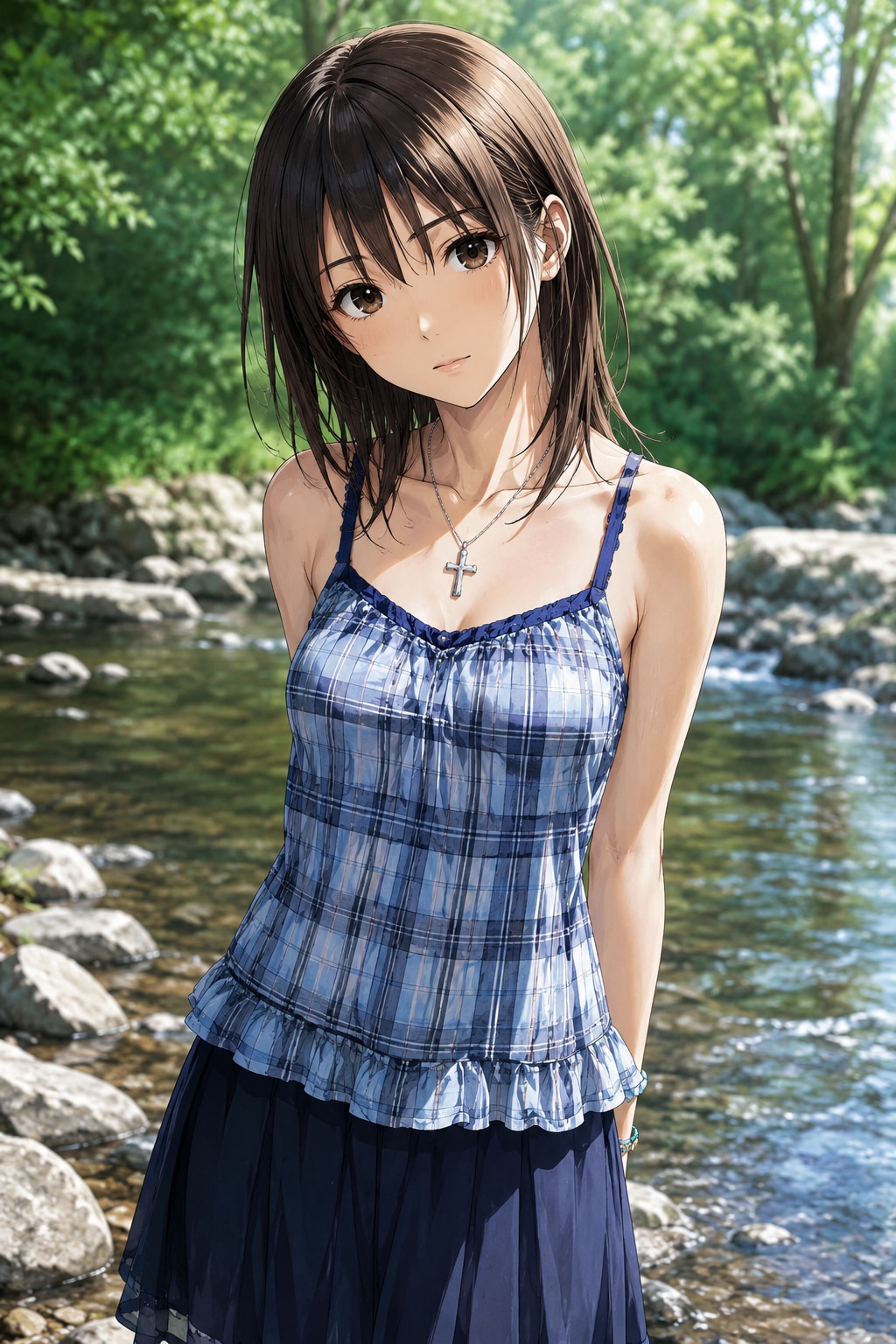 木漏れ日の渓流に佇む少女