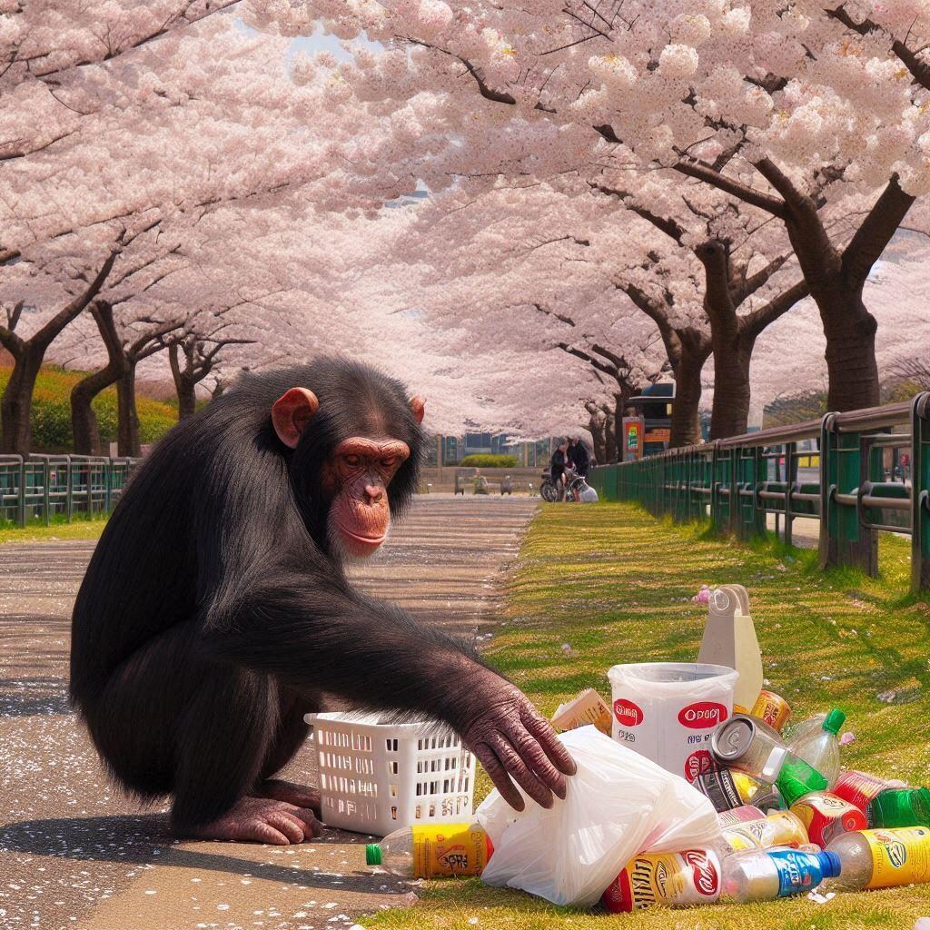 ゴミ拾いをするチンパンジー