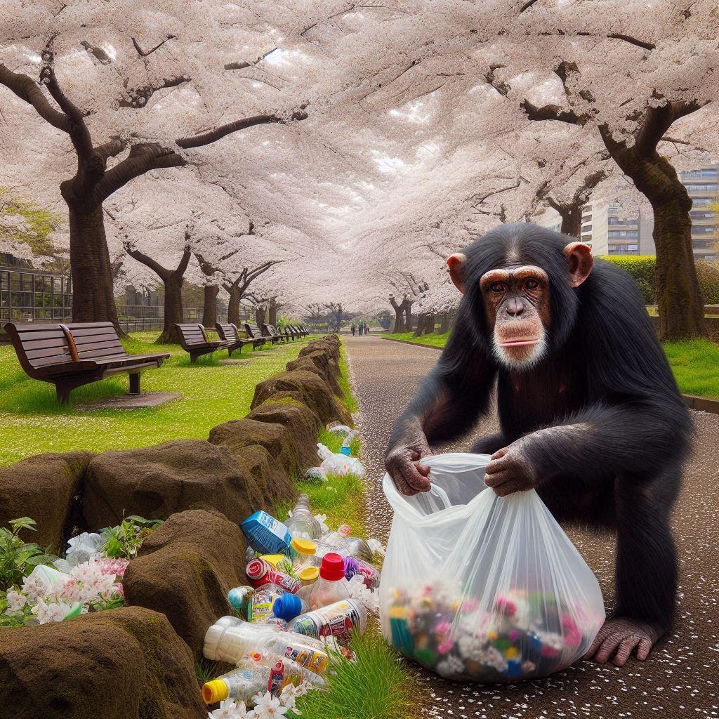 ゴミ拾いをするチンパンジー