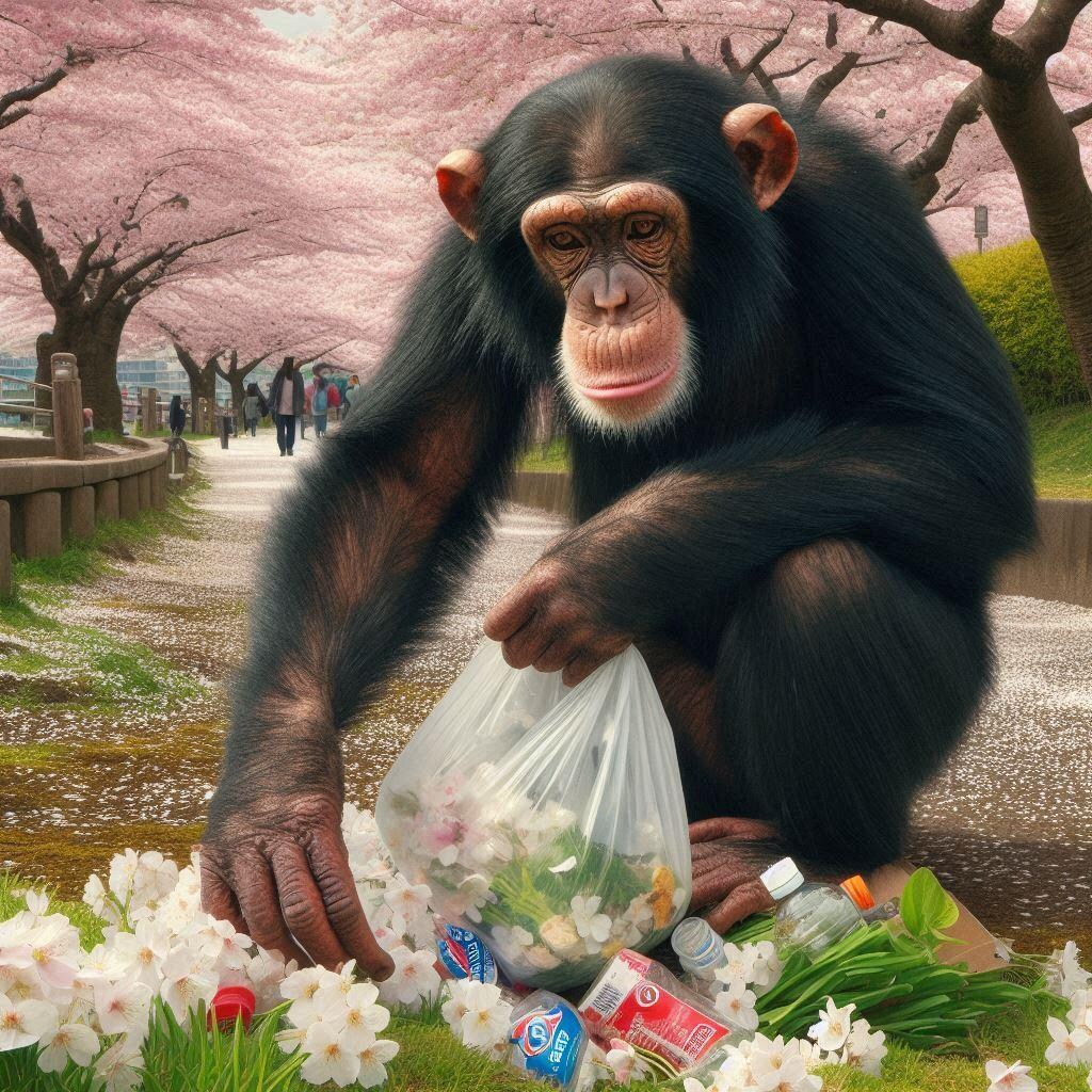 ゴミ拾いをするチンパンジー