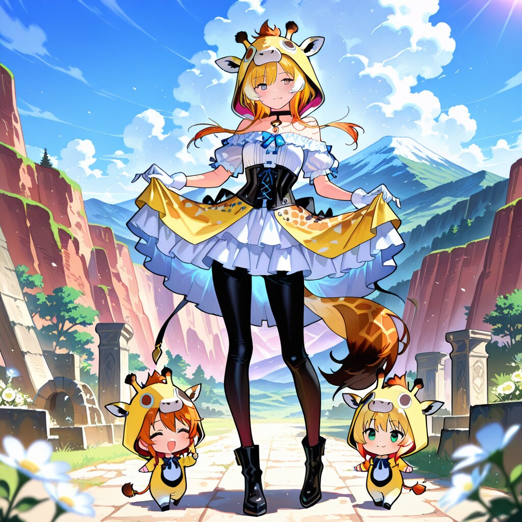 山と遺跡とキリンフーディーお姉さんとキリン着ぐるみちび子ちゃん