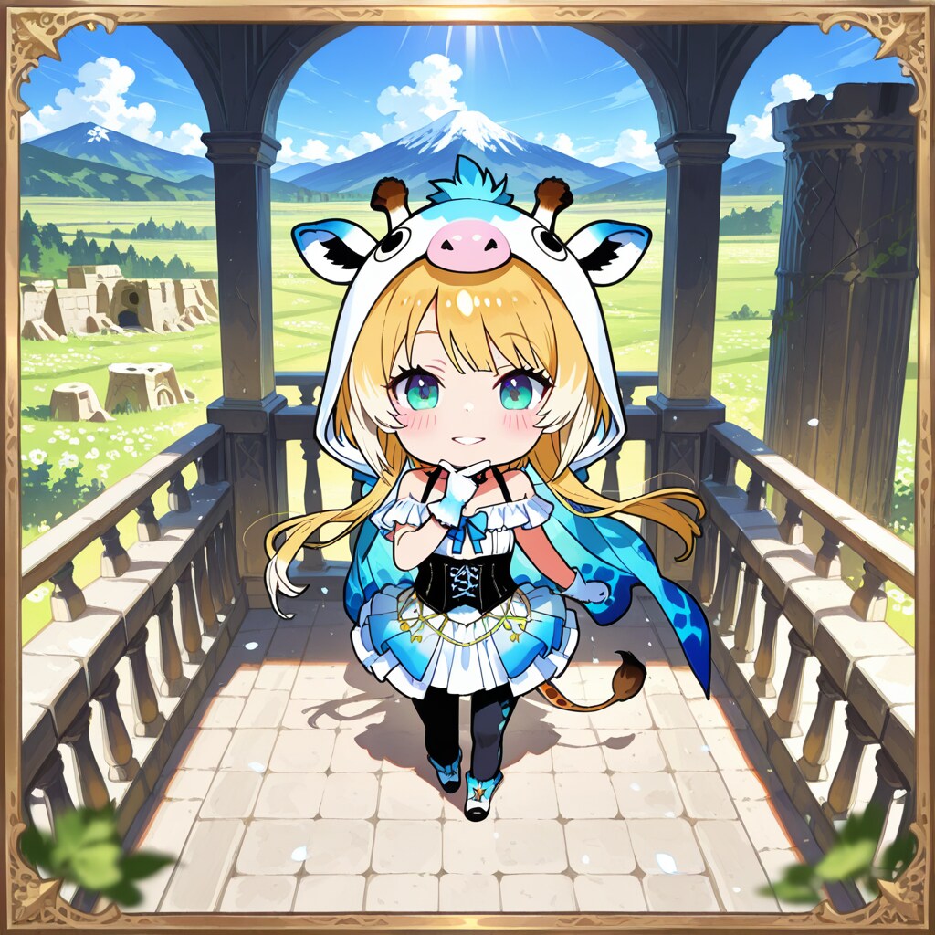 山と遺跡とキリンフーディーお姉さんとキリン着ぐるみちび子ちゃん