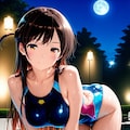 満月の下、競泳水着の千鶴さんと。 4枚目
