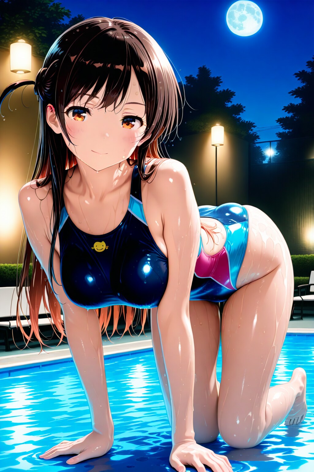 満月の下、競泳水着の千鶴さんと。