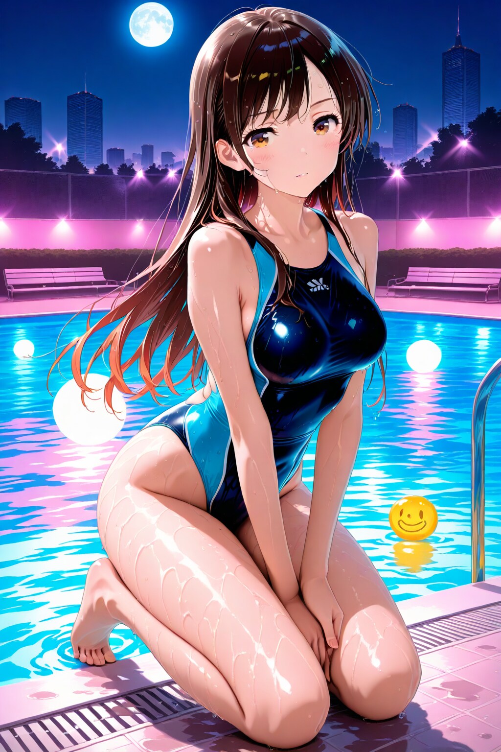 満月の下、競泳水着の千鶴さんと。