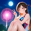 満月の下、競泳水着の千鶴さんと。 2枚目