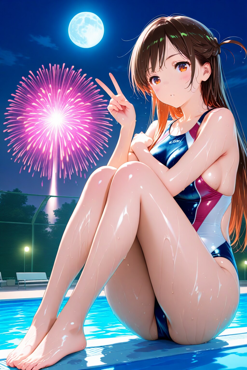 満月の下、競泳水着の千鶴さんと。