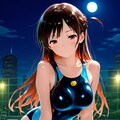満月の下、競泳水着の千鶴さんと。 3枚目