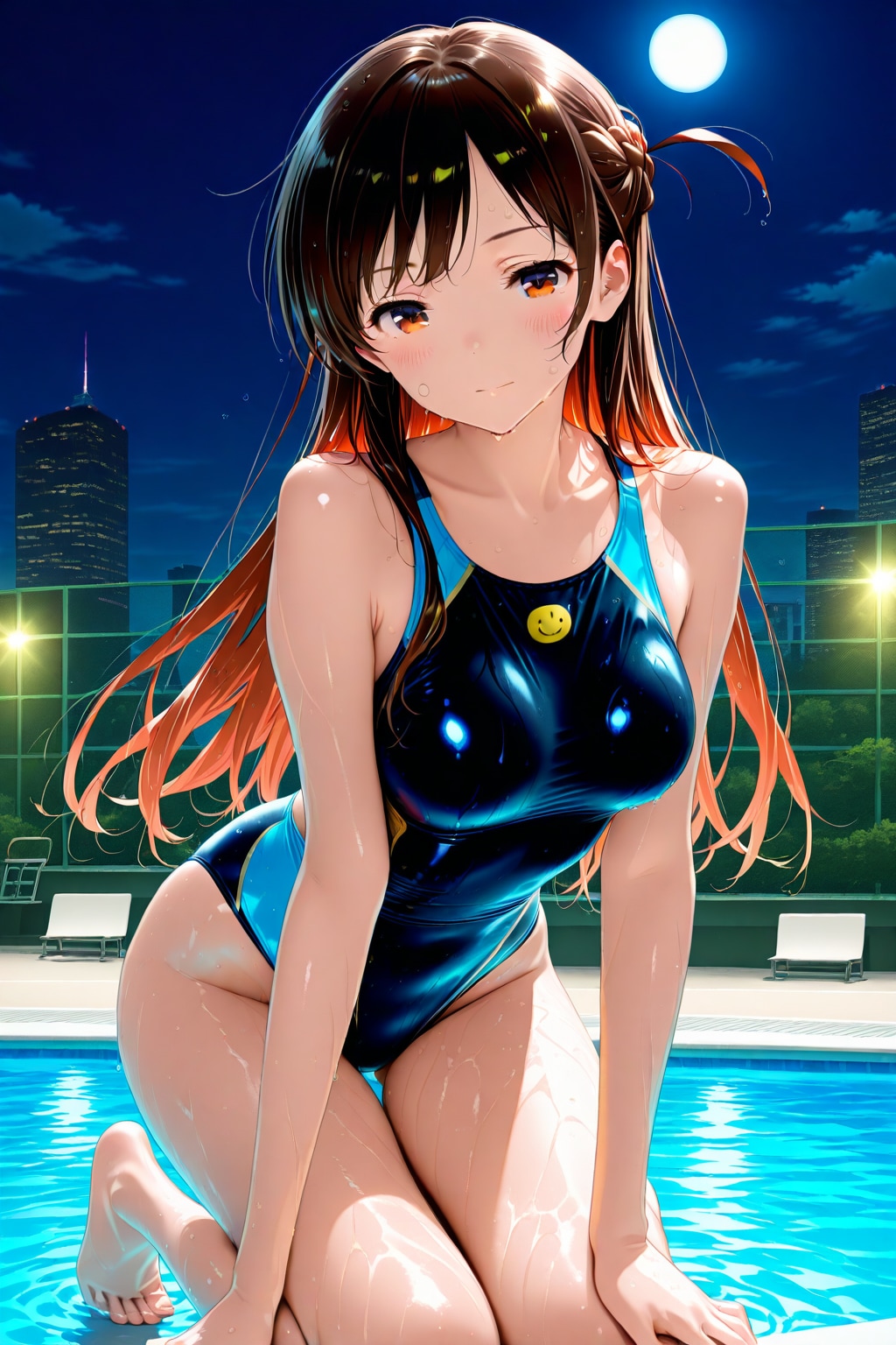 満月の下、競泳水着の千鶴さんと。