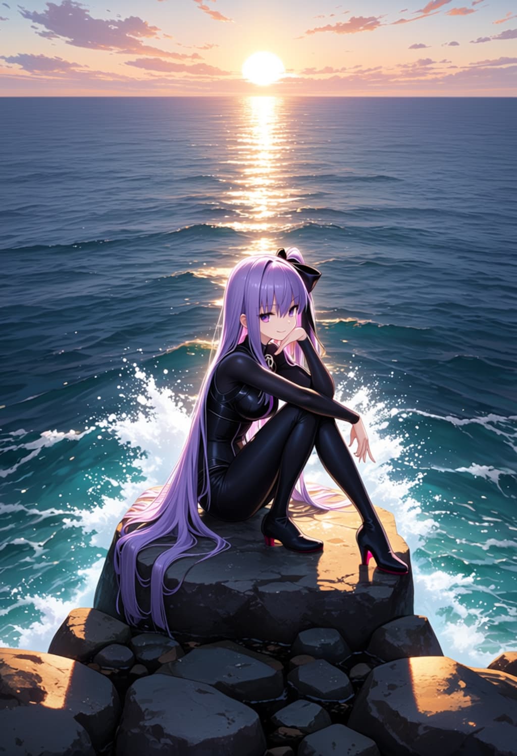 黄昏の海辺で