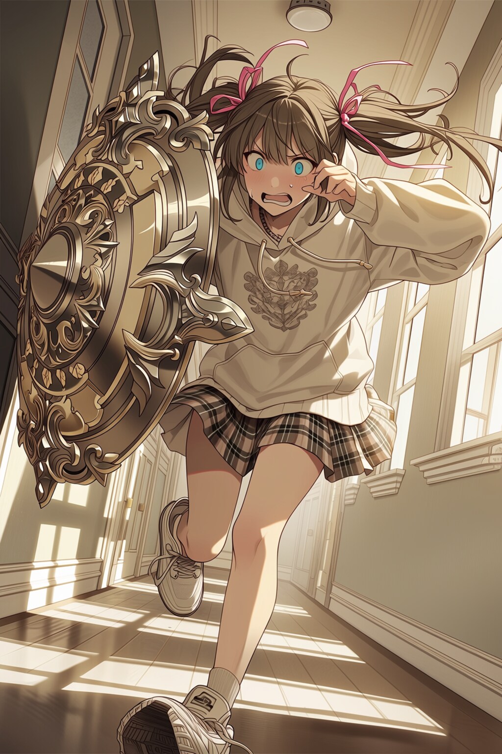 盾を持って走る
