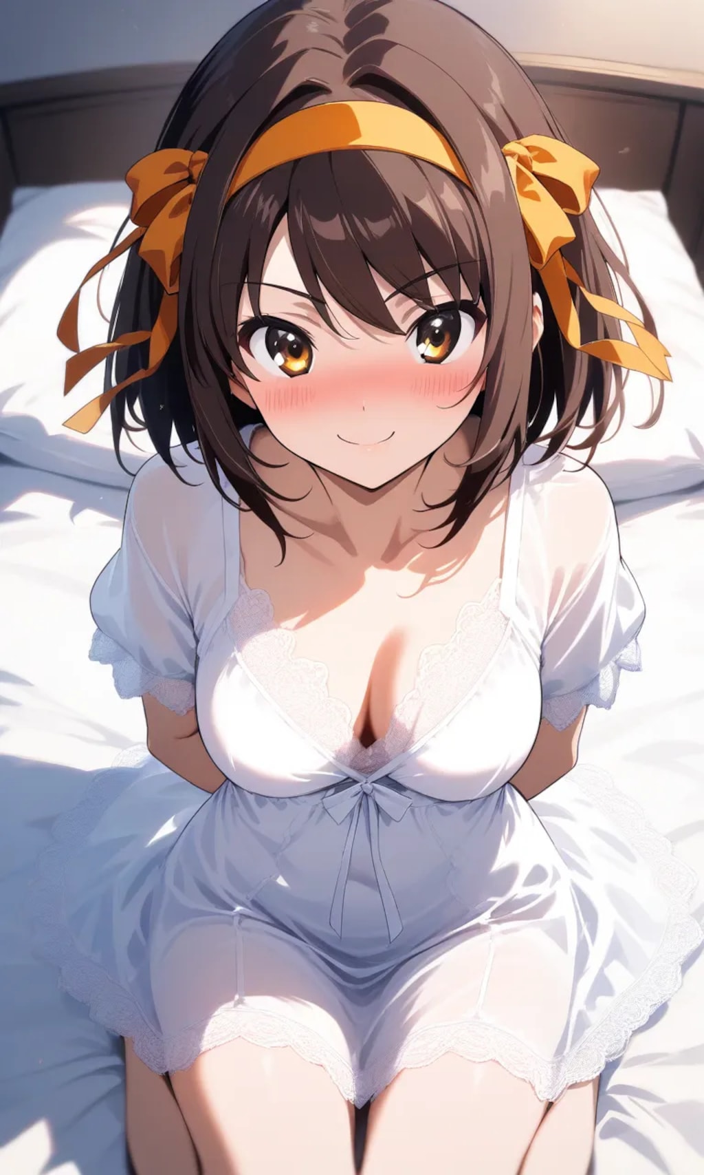 ネグリジェ🌃👗姿でベッドに座っている涼宮ハルヒ🎀🚺