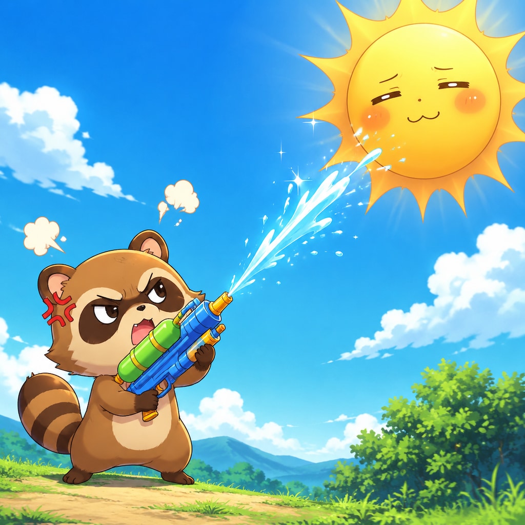 太陽へ水鉄砲を放つタヌキ