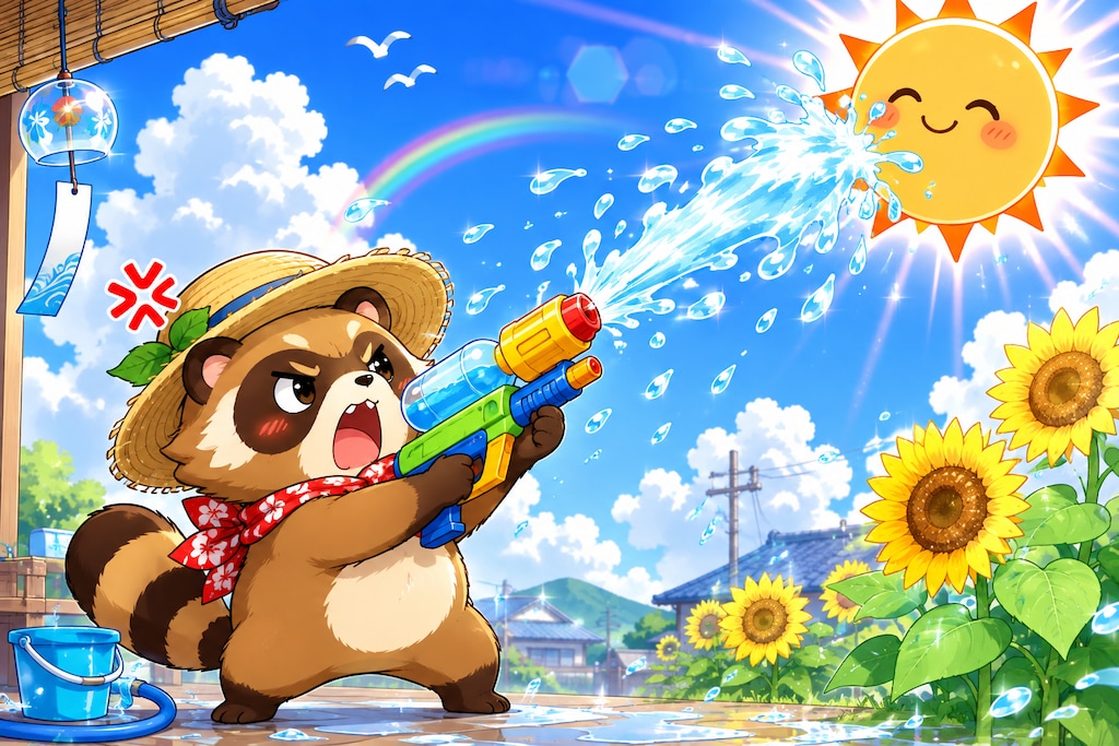 太陽へ水鉄砲を放つタヌキ