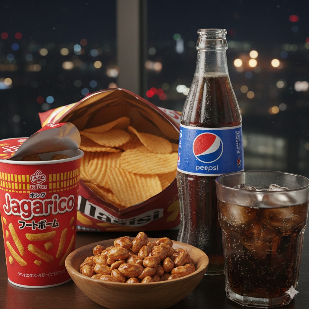 【誘惑の深夜】ポテチ、じゃがりこ？、ハニーローストピーナッツ、ペプシ