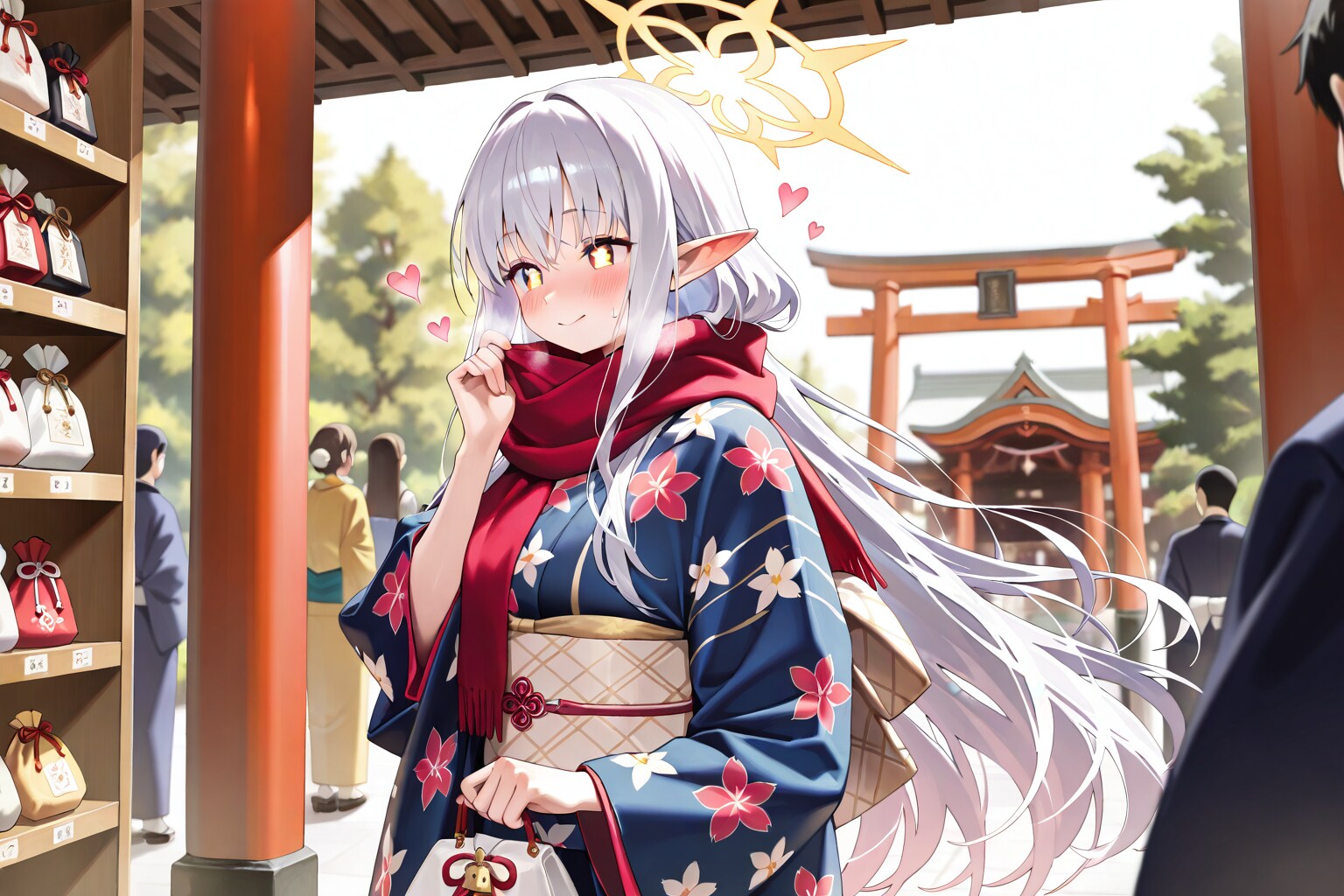 初詣でお守りを買うエルフの女の子