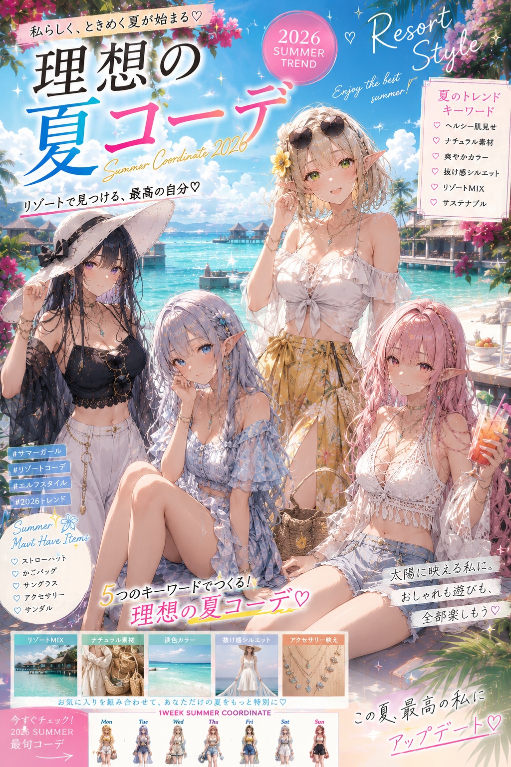 理想の夏コーデを楽しむエルフの女の子達