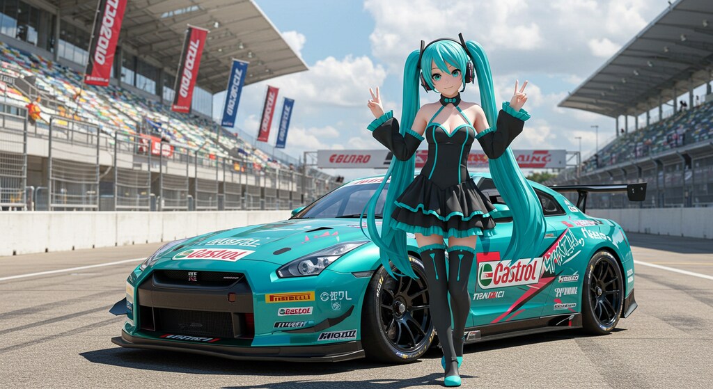 初音ミクとカストロールカラー日産GT-Rレーシングカー