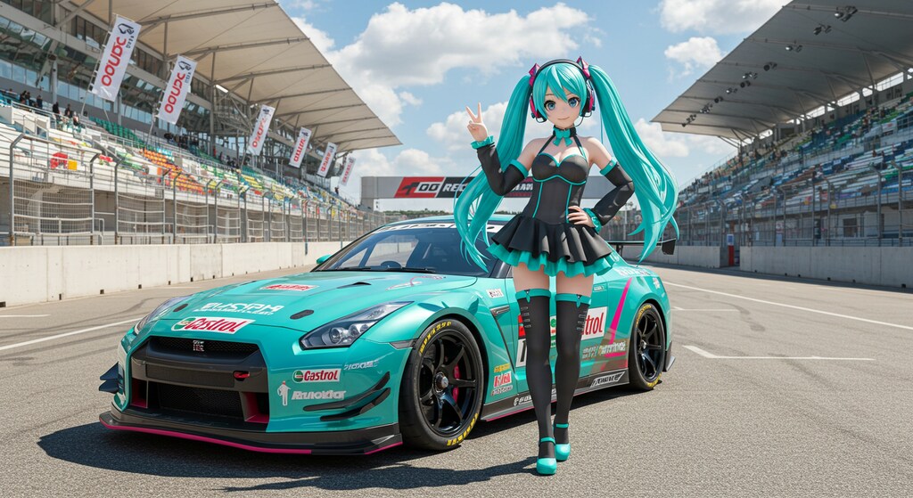 初音ミクとカストロールカラー日産GT-Rレーシングカー
