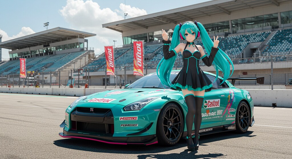 初音ミクとカストロールカラー日産GT-Rレーシングカー