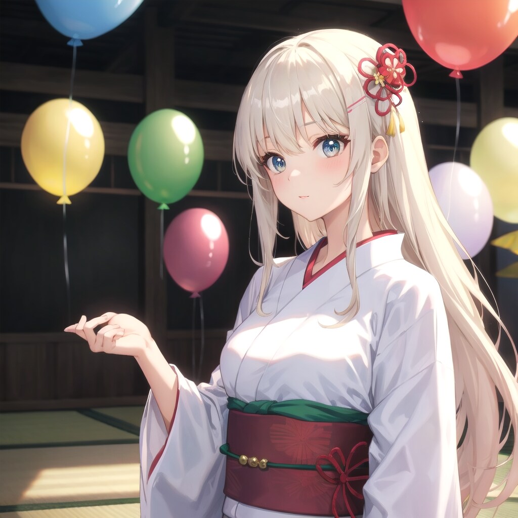 和室でいっぱい風船を持つ白い髪ロングの浴衣着た美女。 | の人気AIイラスト・グラビア