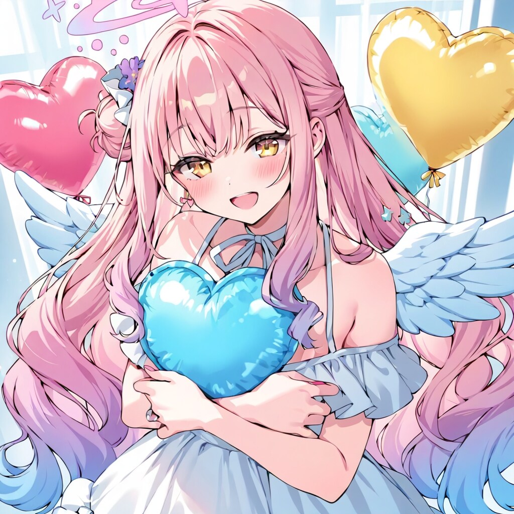 いっぱい色とりどりの風船を持つピンク髪ロングの天使の羽付けた美女