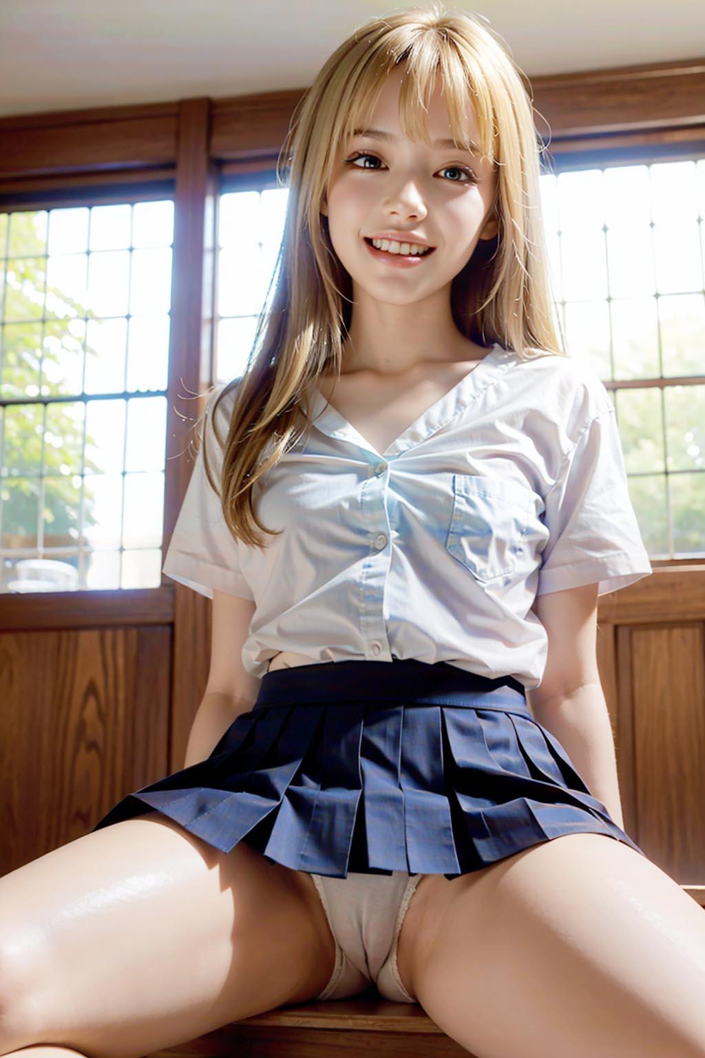 AIイラスト白ギャル貧乳ロリ顔　エロ画像　18歳女子校生海外コスプレイヤー「お父さんのチンポに座っていると、心地よい静けさと温かさを感じるんだ！」