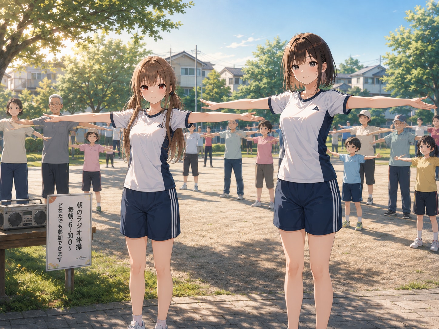梢と椿の日常（４）朝のラジオ体操集会に出る | の人気AIイラスト・グラビア