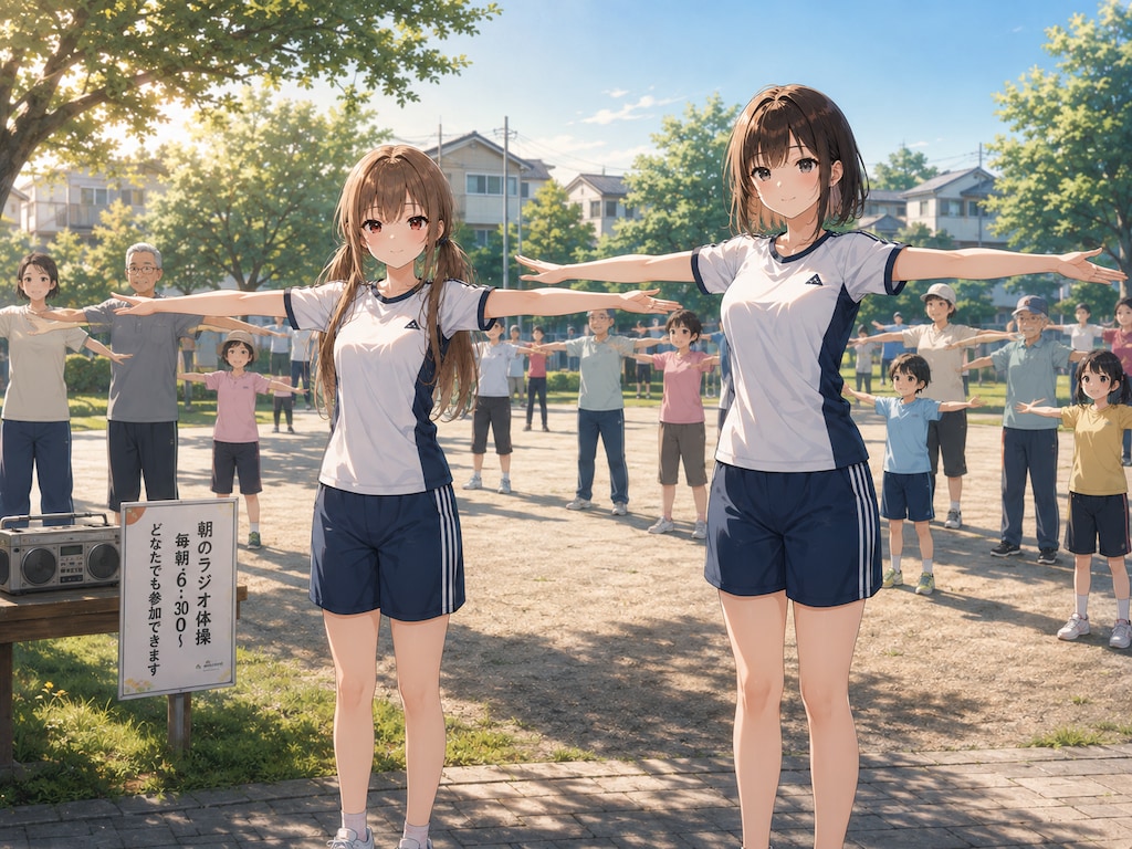 梢と椿の日常（４）朝のラジオ体操集会に出る