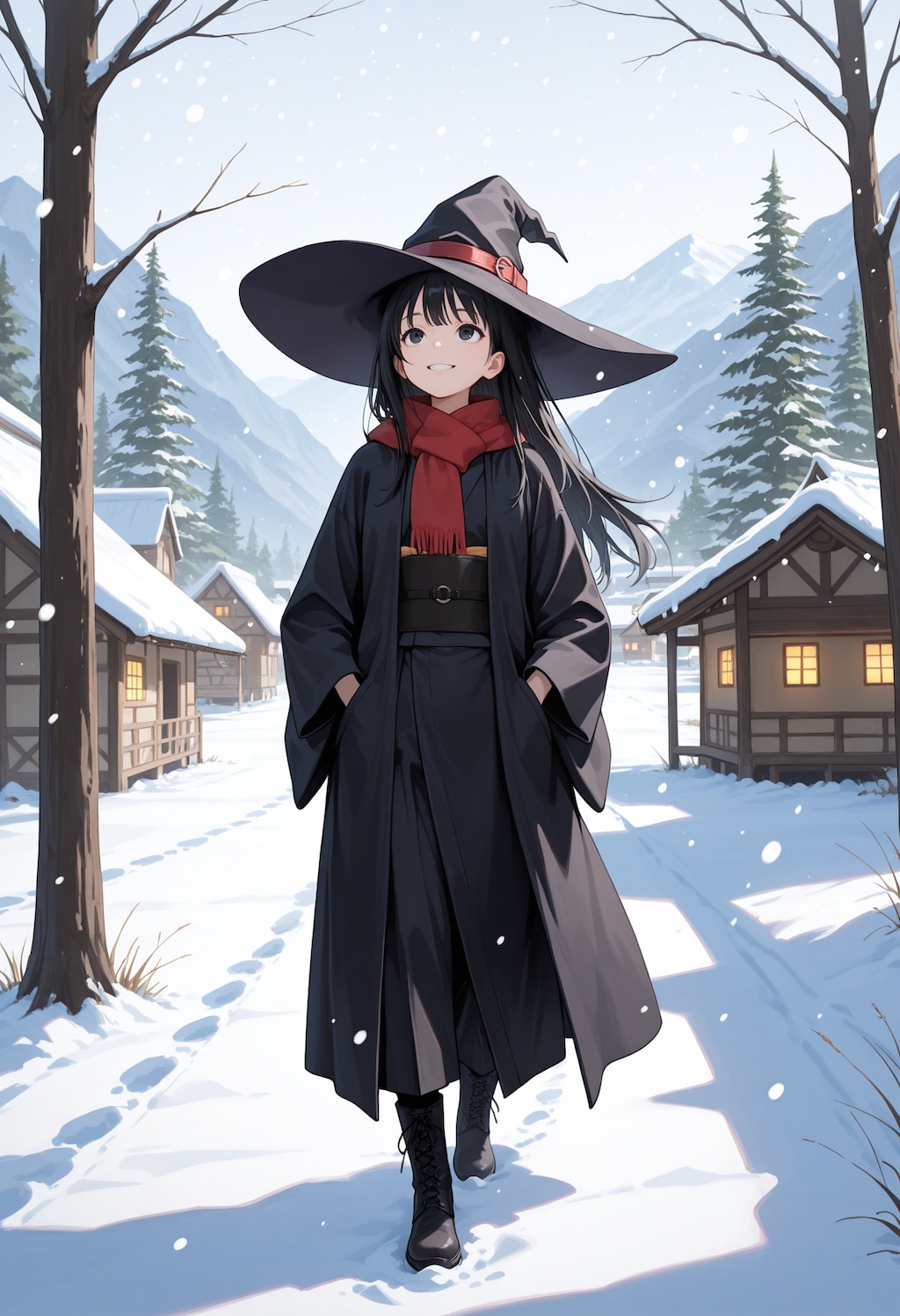 冬の村を歩く魔女さん