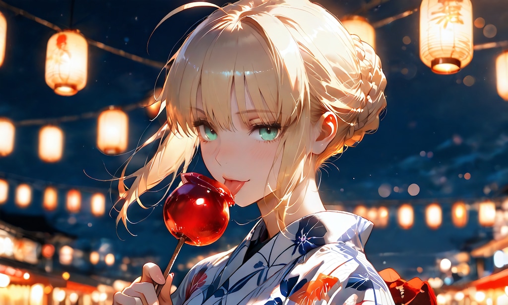 セイバー、祭りの夜に凛々しさが少し緩むりんご飴