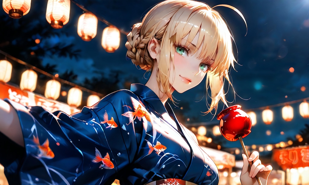 セイバー、祭りの夜に凛々しさが少し緩むりんご飴
