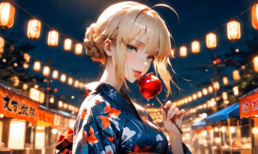 セイバー、祭りの夜に凛々しさが少し緩むりんご飴