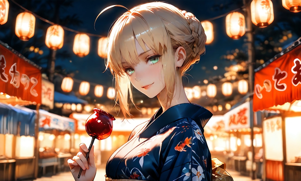 セイバー、祭りの夜に凛々しさが少し緩むりんご飴